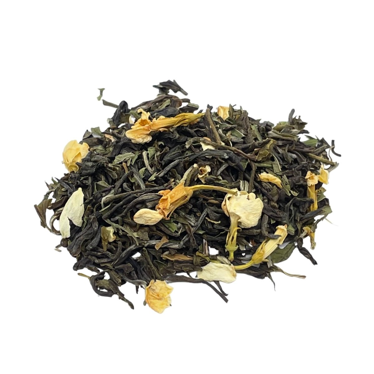 Camellios Jasmine & Mint Green Tea in a clear glass cup with fresh mint leaves and jasmine flowers.