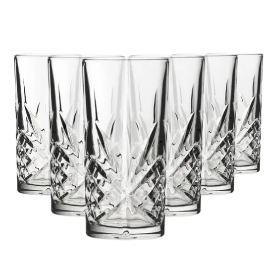 Set of six Timeless Fully Cut Highball Glasses, 300ml whisky tumblers with intricate cut patterns by Glassware UK.
