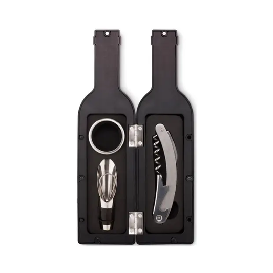Glassware UK wine accessories set in a wine-shaped gift box with glasses and corkscrews arranged neatly inside.