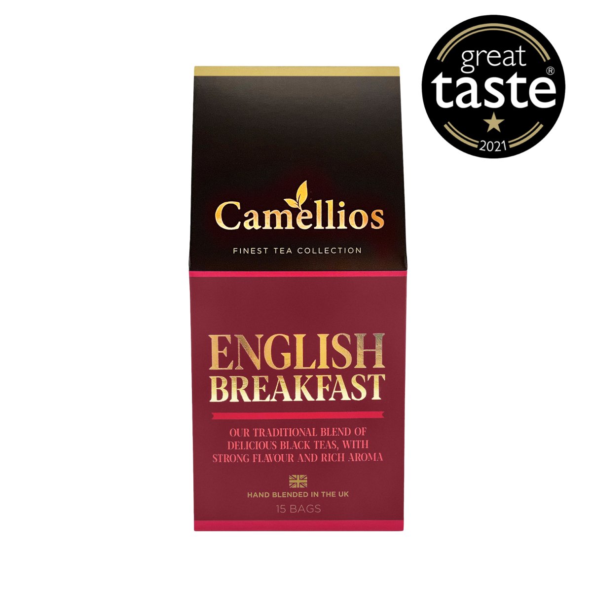 Camellios English Breakfast tea and infusions in a box, featuring tea bags and loose leaf blends for a hearty breakfast brew.