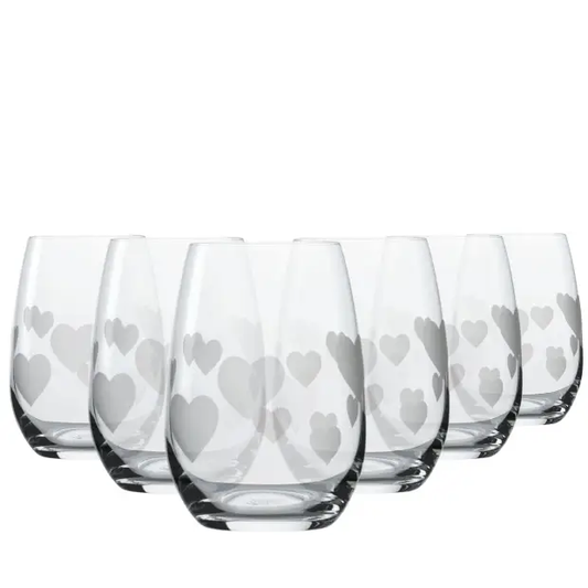 Set of six L'Amour Frosted Heart whisky tumblers from Glassware UK, 335ml capacity, featuring frosted heart design for elegant drinks.
