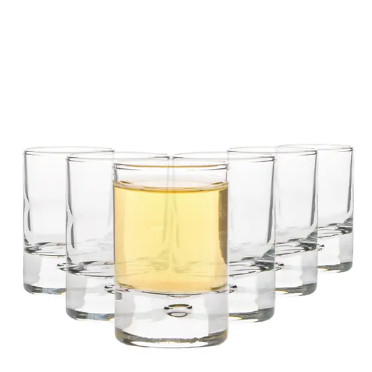 Set of six Bormioli Rocco Bubble Based shot glasses, 65ml, clear glassware with bubble design, perfect for serving spirits or small drinks.