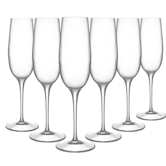 Set of six Luigi Bormioli Crescendo champagne flutes, 235ml, clear glassware for serving champagne elegantly