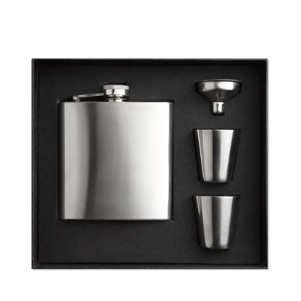 Glassware UK hip flask gift set with stainless steel flask, cups, and accessories in a stylish gift box.