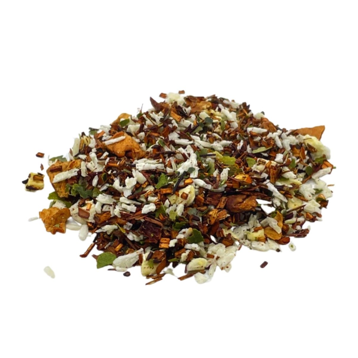 Loose leaf Tropical Rooibos tea from ArtisanBox, showcasing vibrant dried rooibos leaves and tropical herbs for a flavorful brew.