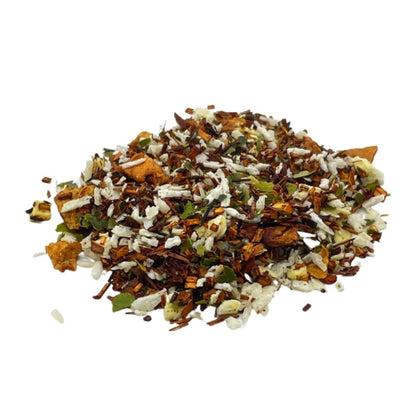 Loose leaf Tropical Rooibos tea from ArtisanBox, showcasing vibrant dried rooibos leaves and tropical herbs for a flavorful brew.
