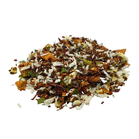 Loose leaf Tropical Rooibos tea from Camellios, featuring vibrant reddish-brown tea leaves and dried tropical fruit pieces.