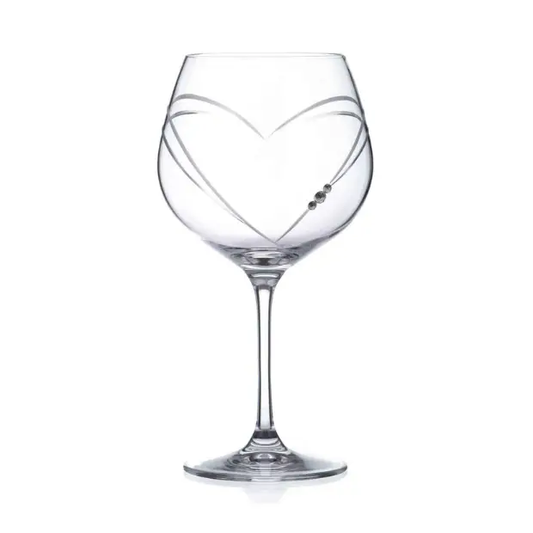 Glassware UK Diamante "Just For You" gin glass with heart-shaped cut design, 610ml capacity, in a gift box.