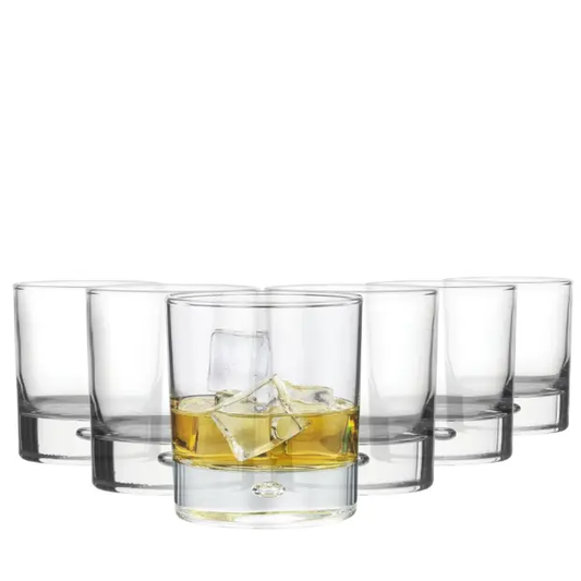 Set of six Krosno Bubble Based Whisky Tumblers, 330ml glassware for whiskey, featuring bubble design and clear glass.