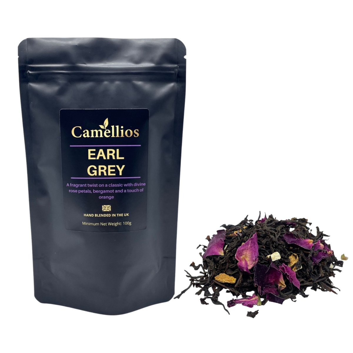Loose leaf Earl Grey tea from Camellios, featuring dark tea leaves and fragrant bergamot citrus in a natural, inviting presentation.