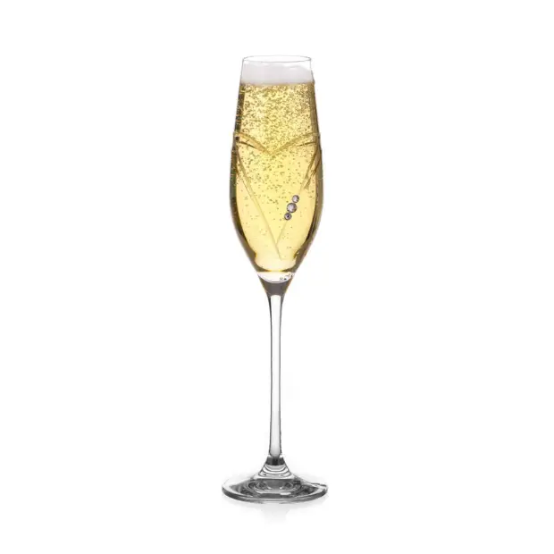 Glassware UK diamante champagne flute with heart-shaped cut design in a gift box, clear glass with sparkling embellishments.
