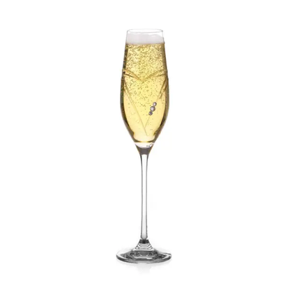Glassware UK diamante champagne flute with heart-shaped cut design in a gift box, clear glass with sparkling embellishments.