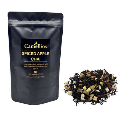 Loose leaf Spiced Apple Chai tea from Camellios, featuring aromatic spices and dried apple pieces in a natural blend.
