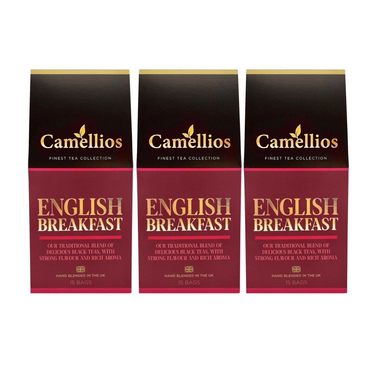 Camellios English Breakfast tea and infusions in a tea bag, showcasing the packaging and tea leaves inside.