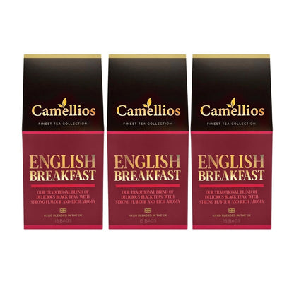 Camellios English Breakfast tea and infusions in a tea bag, showcasing the packaging and tea leaves inside.