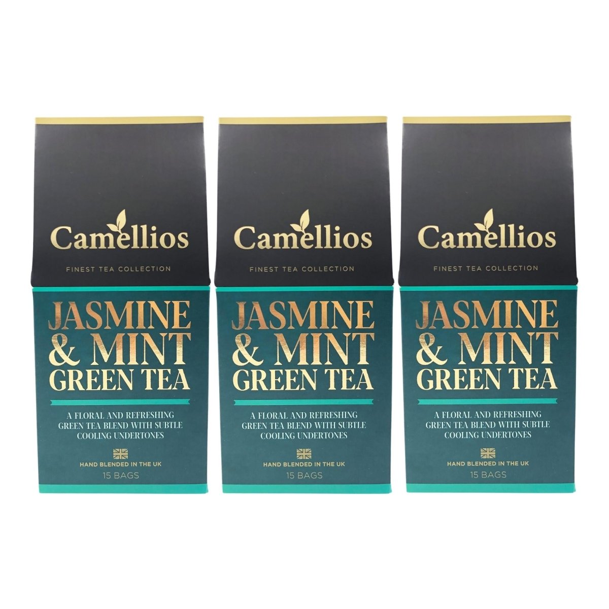 Camellios Jasmine and Mint Green Tea in a clear glass teapot with fresh mint leaves and jasmine flowers for infusion.