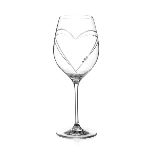Glassware UK Diamante "Just For You" wine glass with heart-shaped cut design in a gift box, showcasing elegant crystal details.