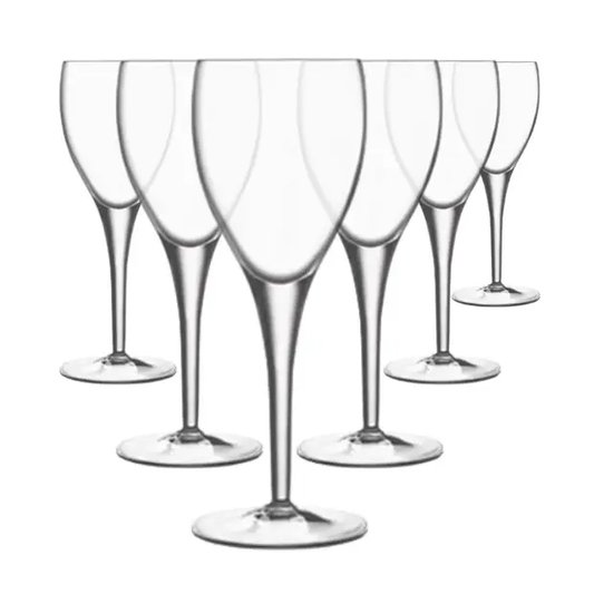 Set of six Luigi Bormioli Crystalite wine glasses with 360ml capacity, clear glassware for elegant wine serving.