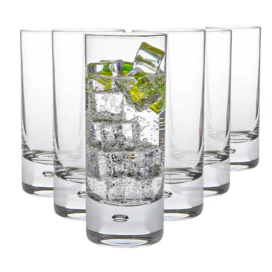 Set of six Glassware UK bubble high ball whisky tumblers, 365ml, clear glass with bubble design, perfect for cocktails and drinks.