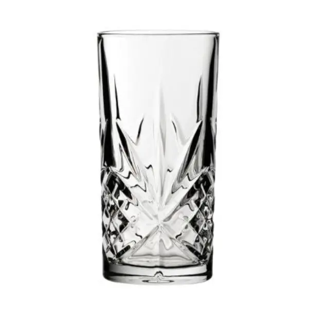 Set of six Timeless Fully Cut Highball Glasses, 300ml whisky tumblers with intricate cut glass design by Glassware UK.