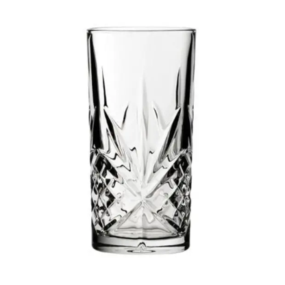 Set of six Timeless Fully Cut Highball Glasses, 300ml whisky tumblers with intricate cut glass design by Glassware UK.