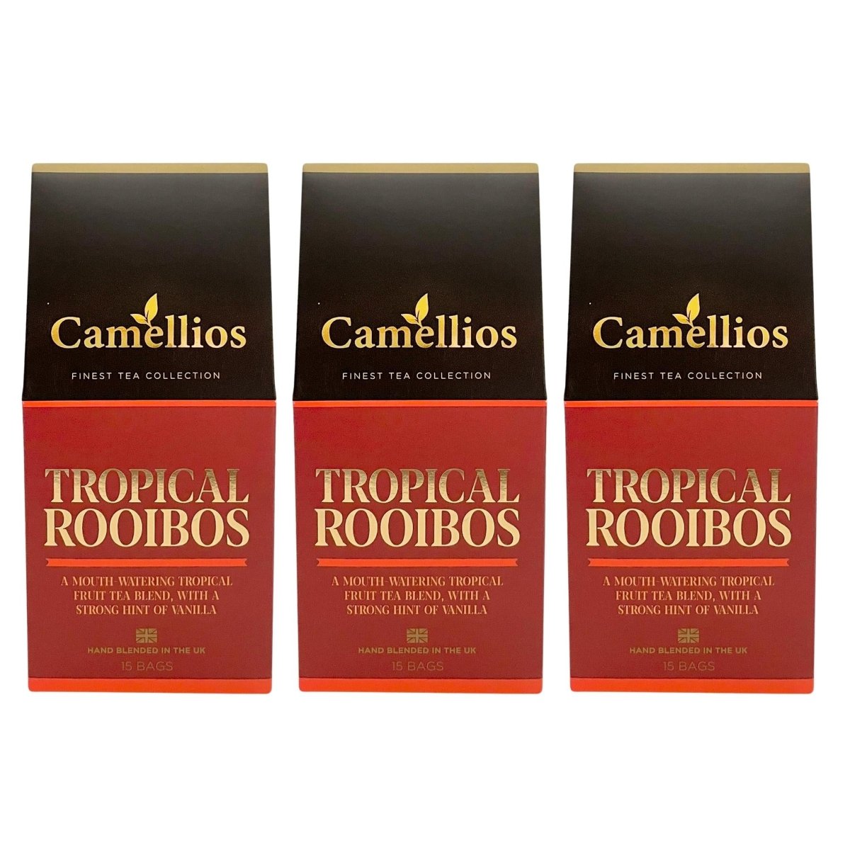Camellios Tropical Rooibos tea infusion in a glass cup with vibrant tropical fruits and herbs, showcasing a colorful, aromatic tea blend.