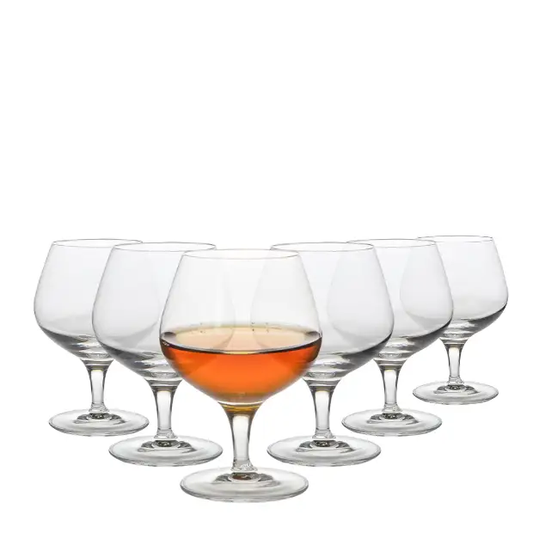 Set of six Luigi Bormioli brand whisky tumblers with 230ml capacity, clear glassware perfect for brandy and spirits.