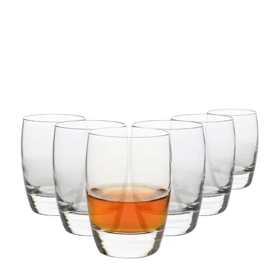 Set of six Luigi Bormioli whisky tumblers with 265ml capacity, clear glassware for enjoying whiskey drinks.