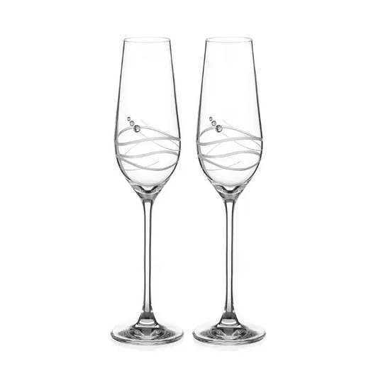 Pair of Glassware UK diamante champagne flutes with Modena spiral cutting in a gift box, showcasing sparkling diamond accents and elegant design.