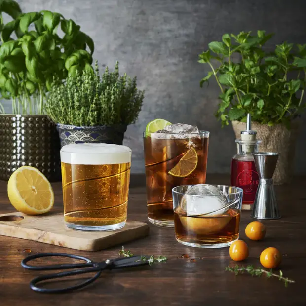Set of six Bormioli Rocco Swirl medium whisky tumblers with a textured swirl design, made by Glassware UK.