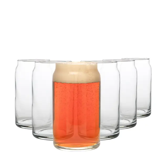 Set of six 450ml Glassware UK whisky tumblers designed as beer can glasses, showcasing clear glass and cylindrical shape.