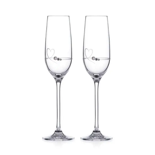 Set of 2 Glassware UK Diamante Petit Champagne Flutes with heart design in gift box, featuring elegant crystal glass and decorative diamantes.