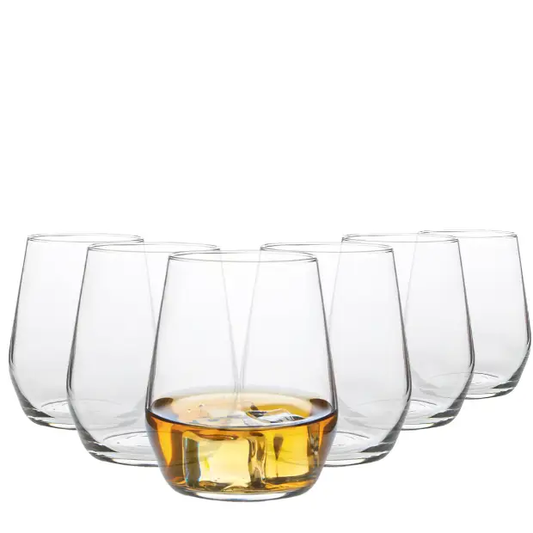 Set of six Bormioli Rocco Electra whisky tumblers, 380ml glassware with clear, sturdy design for enjoying whisky drinks.