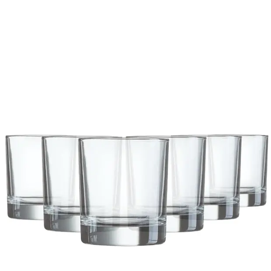 Set of six Glassware UK Old Fashioned whisky tumblers, 290ml, clear glass with thick base for serving spirits and cocktails.
