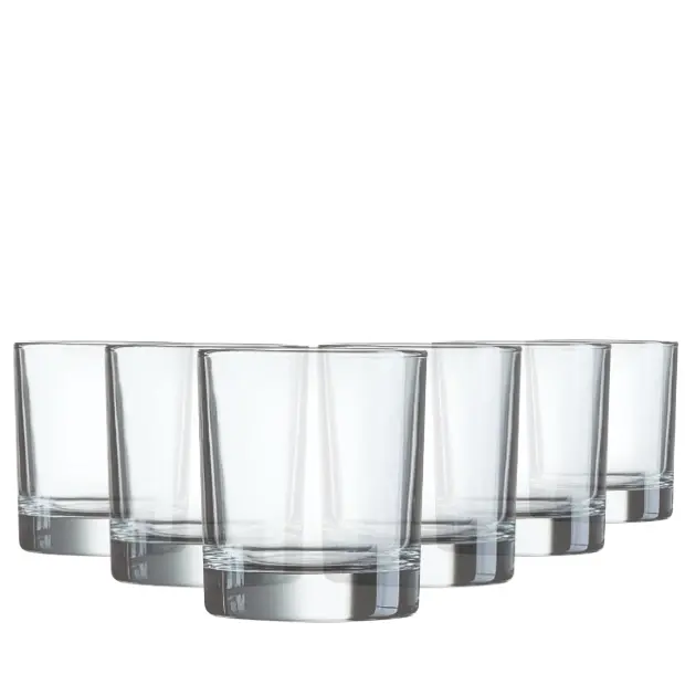Set of six Krosno straight-sided whisky tumblers with 290ml capacity, clear glassware perfect for enjoying whisky.
