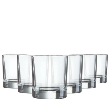 Set of six Krosno straight-sided whisky tumblers with 290ml capacity, clear glassware perfect for enjoying whisky.