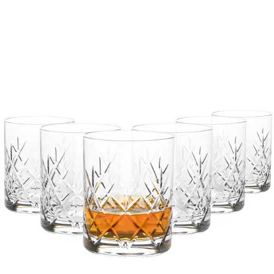 Set of six Flamenco Crystalite full-cut whisky tumblers, 320ml, clear glassware with intricate cut designs for stylish sipping.