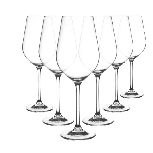 Set of six Glassware UK Harmony white wine glasses, 350ml capacity, clear glass with elegant bowl and stem design.