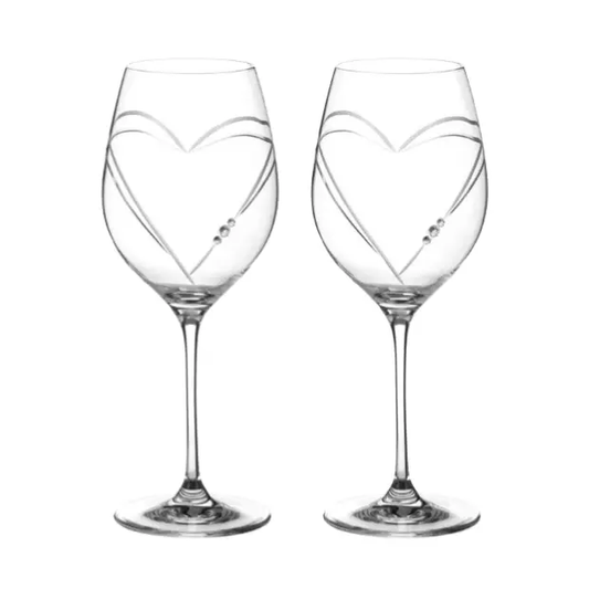 Set of two Glassware UK diamante wine glasses with heart-shaped cut design, presented in a gift box.