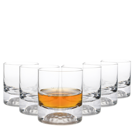 Set of six golf ball-shaped whisky tumblers made of glass, 295ml capacity, by Glassware UK.