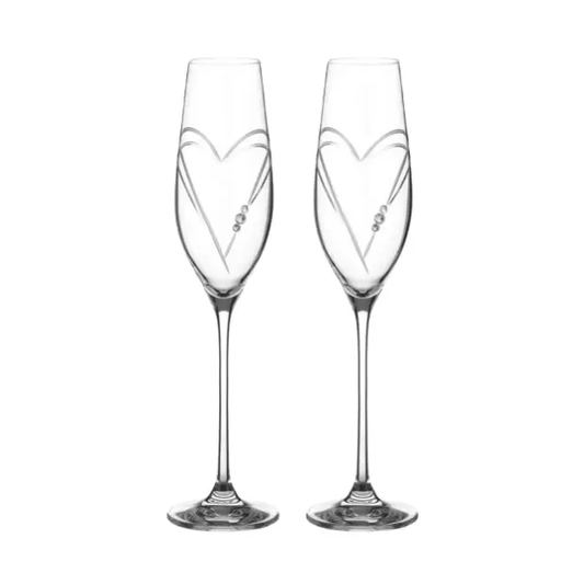 Glassware UK diamanté champagne flutes with heart-shaped cut design in a gift box, elegant crystal stemware for special occasions.