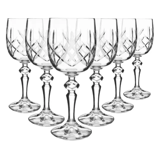 Set of six Flamenco Crystalite full cut wine glasses by Glassware UK, 170ml, showcasing elegant, clear glassware for wine serving.
