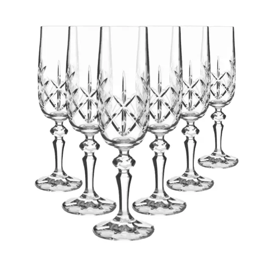 Set of six Flamenco Crystalite full cut champagne flutes by Glassware UK, 180ml, elegant clear glassware for celebrations