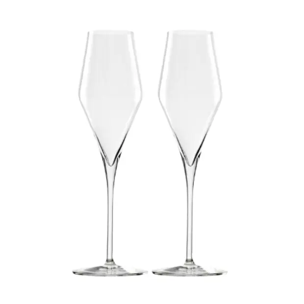 Set of 2 Stolzle Quatrophil champagne flutes with LED lighting, clear glassware, presented in a gift box, perfect for celebrations.
