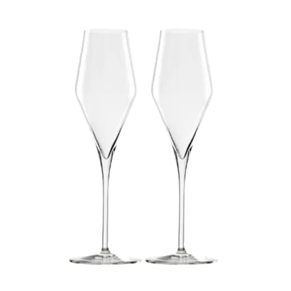Set of 2 Stolzle Quatrophil champagne flutes with LED lighting, clear glassware, presented in a gift box, perfect for celebrations.