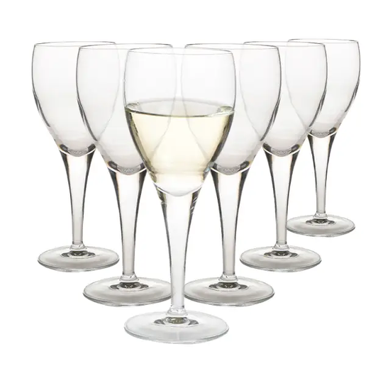 Set of six Luigi Bormioli white wine glasses, 190ml, clear glassware with elegant stems, designed for serving white wine.