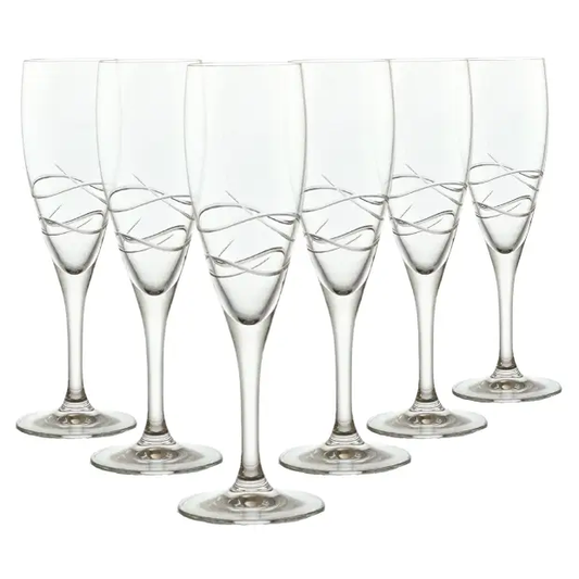Set of six Crystalite champagne flutes by Glassware UK, 180ml elegant glassware for sparkling wine celebrations.