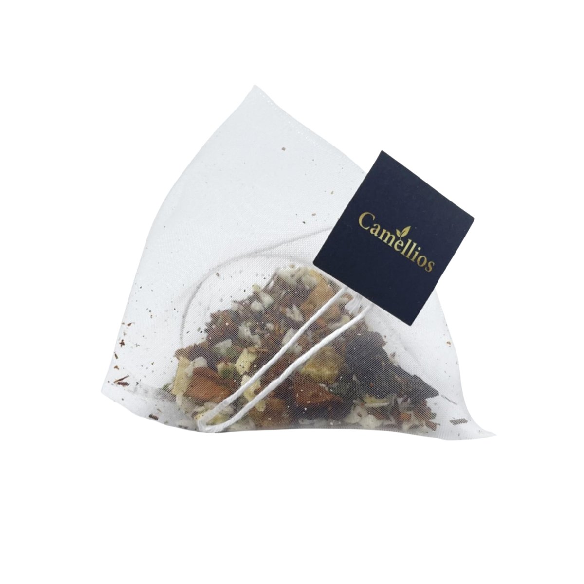 Camellios Tropical Rooibos tea and infusions in a tea bag with dried rooibos leaves and tropical fruit pieces.