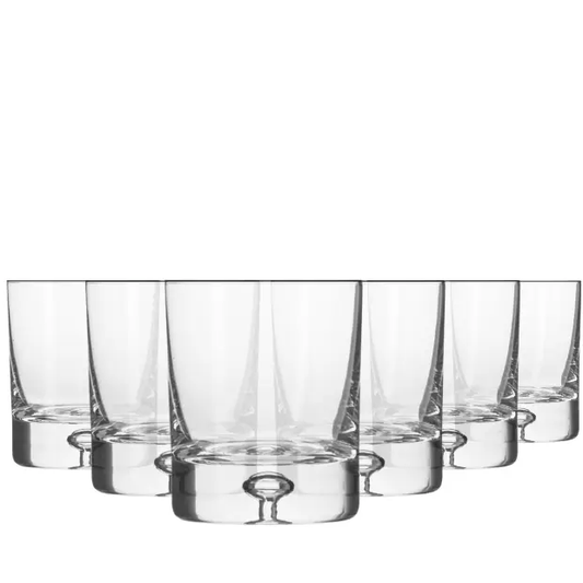 Set of six Krosno Bubble Base Whisky Tumblers, 280ml, clear glassware with rounded bubble base design for stylish whisky drinking.