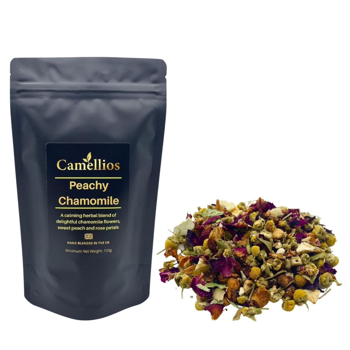 Loose leaf Peachy Chamomile tea by ArtisanBox, showing fresh chamomile flowers and peach slices in a clear glass tea infuser.